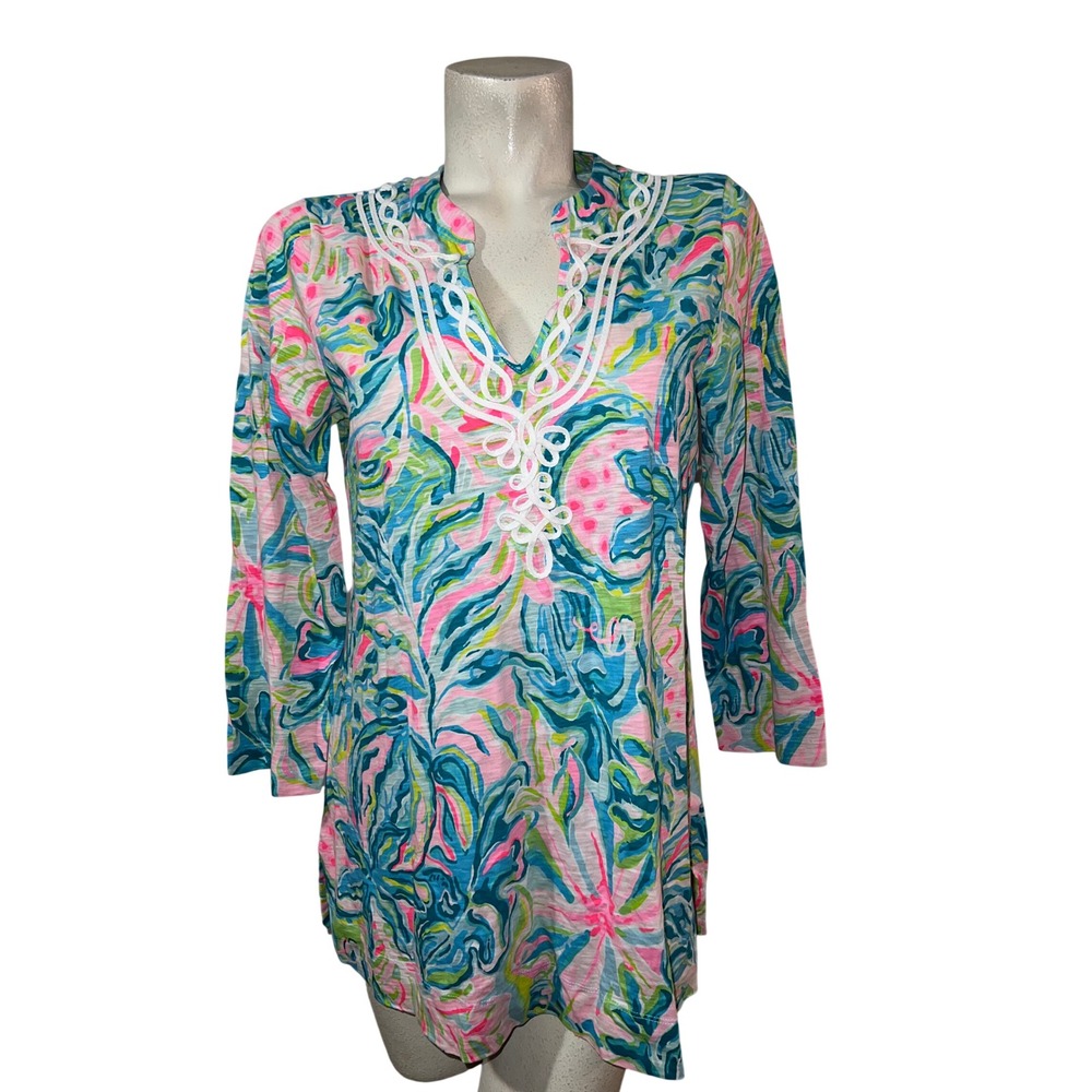 Lilly Pulitzer Etta V-Neck Tunic Top Pink Blue Tropical Soutache Cotton Size L